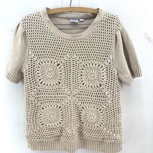 Crochet Floral Knit Top Womens L Beige Short Sleeve Puff Coastal Grandma Boho